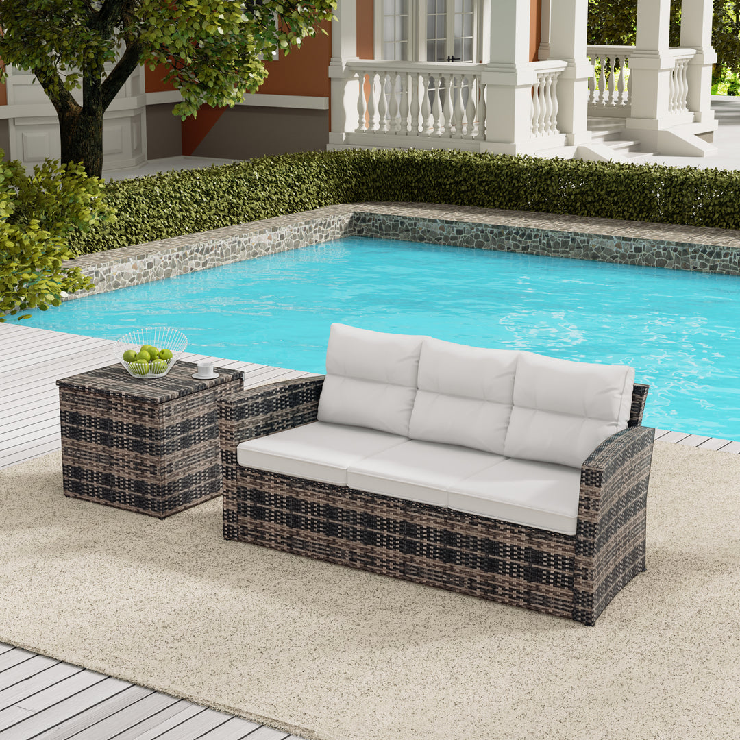 Helio 2-Piece Brown Wicker Outdoor Sofa with Cushions Side Table Set