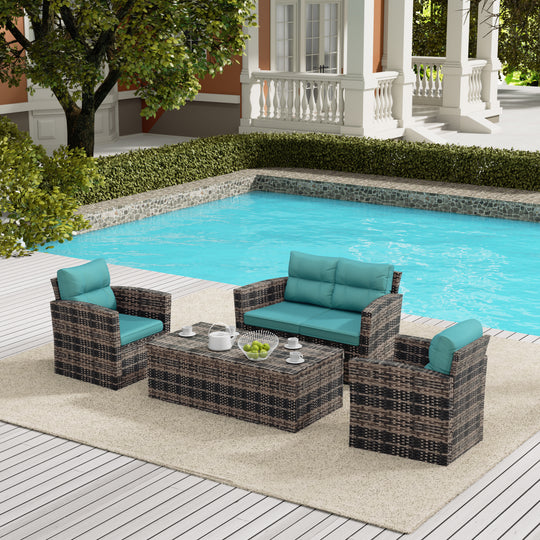 Helio 4-Piece Brown Wicker Conversation Sofa Set with Cushions